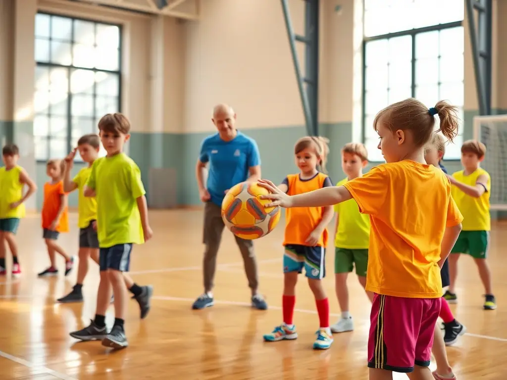 A group of young children, aged 6-8, participating in a basketball training session, focusing on dribbling skills with guidance from a coach. The setting is a well-lit indoor basketball court with AS Vezin Basket branding visible in the background.