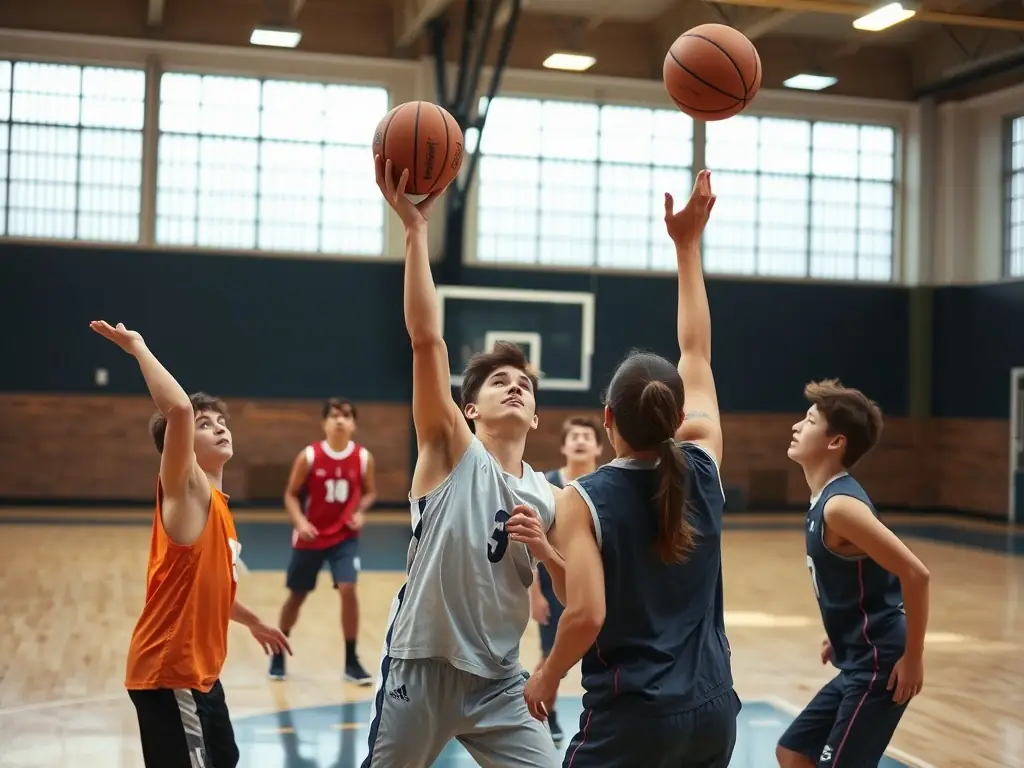 Adults, aged 25-35, participating in a recreational basketball game, demonstrating sportsmanship and camaraderie. The setting is a community center gymnasium with AS Vezin Basket banners displayed.