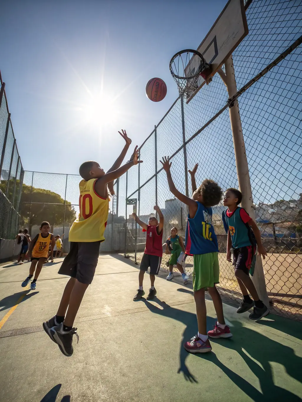 A group photo of AS Vezin Basket members of all ages, smiling and displaying team spirit, highlighting the community aspect of the club.
