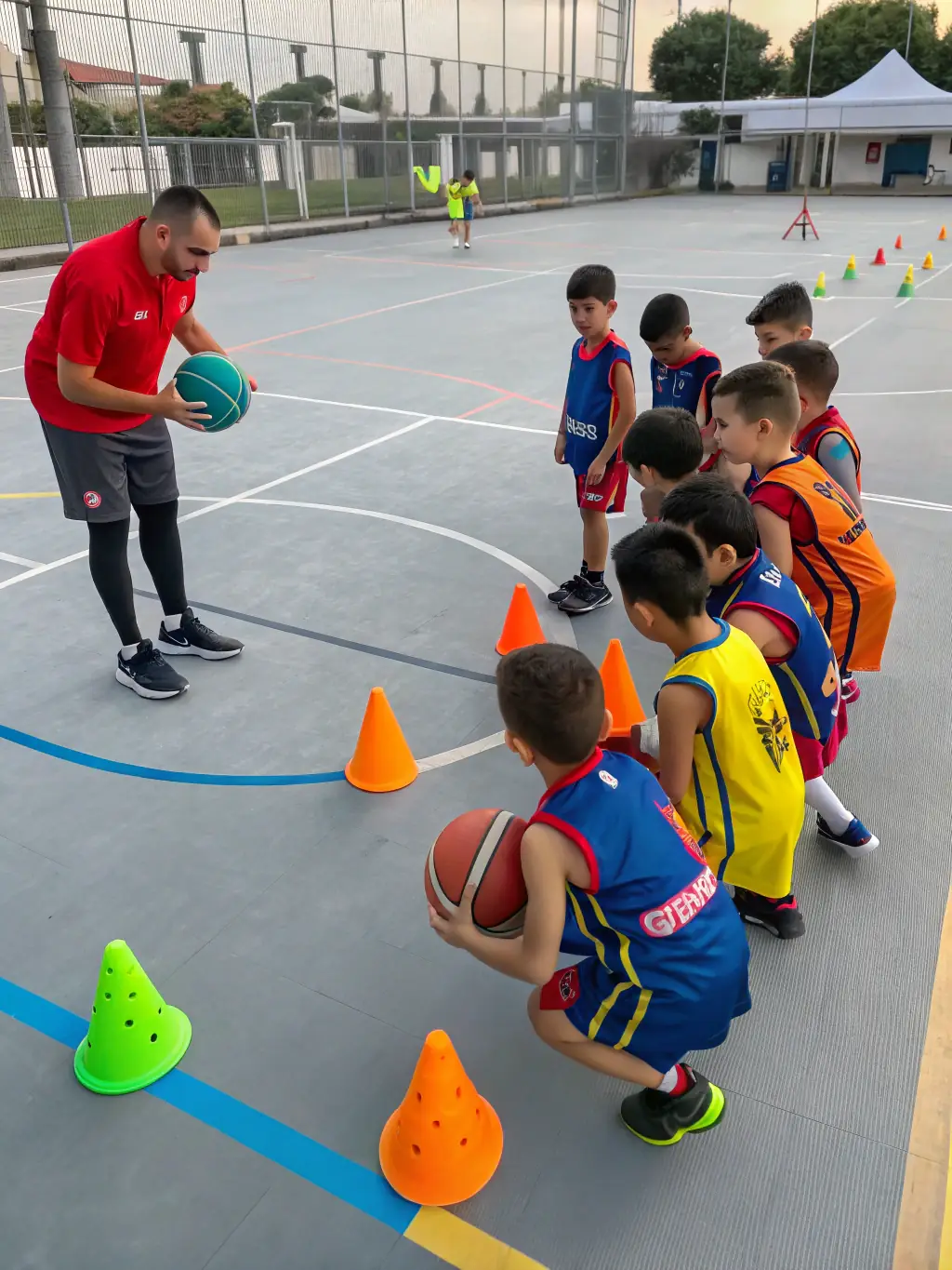 A vibrant image of young children participating in a basketball training session, focusing on dribbling skills with coaches providing guidance at AS Vezin Basket.