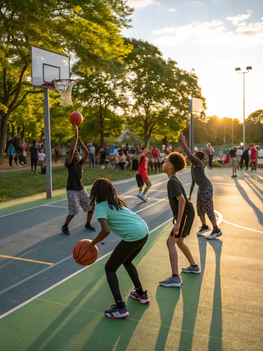 An action-packed image of teenagers participating in an advanced basketball training session, emphasizing technique and physical conditioning at AS Vezin Basket.