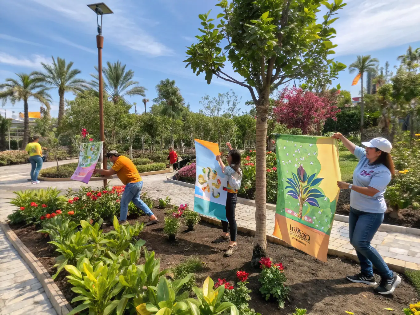 An image of volunteers planting native flora in a protected landscape area, symbolizing conservation efforts.